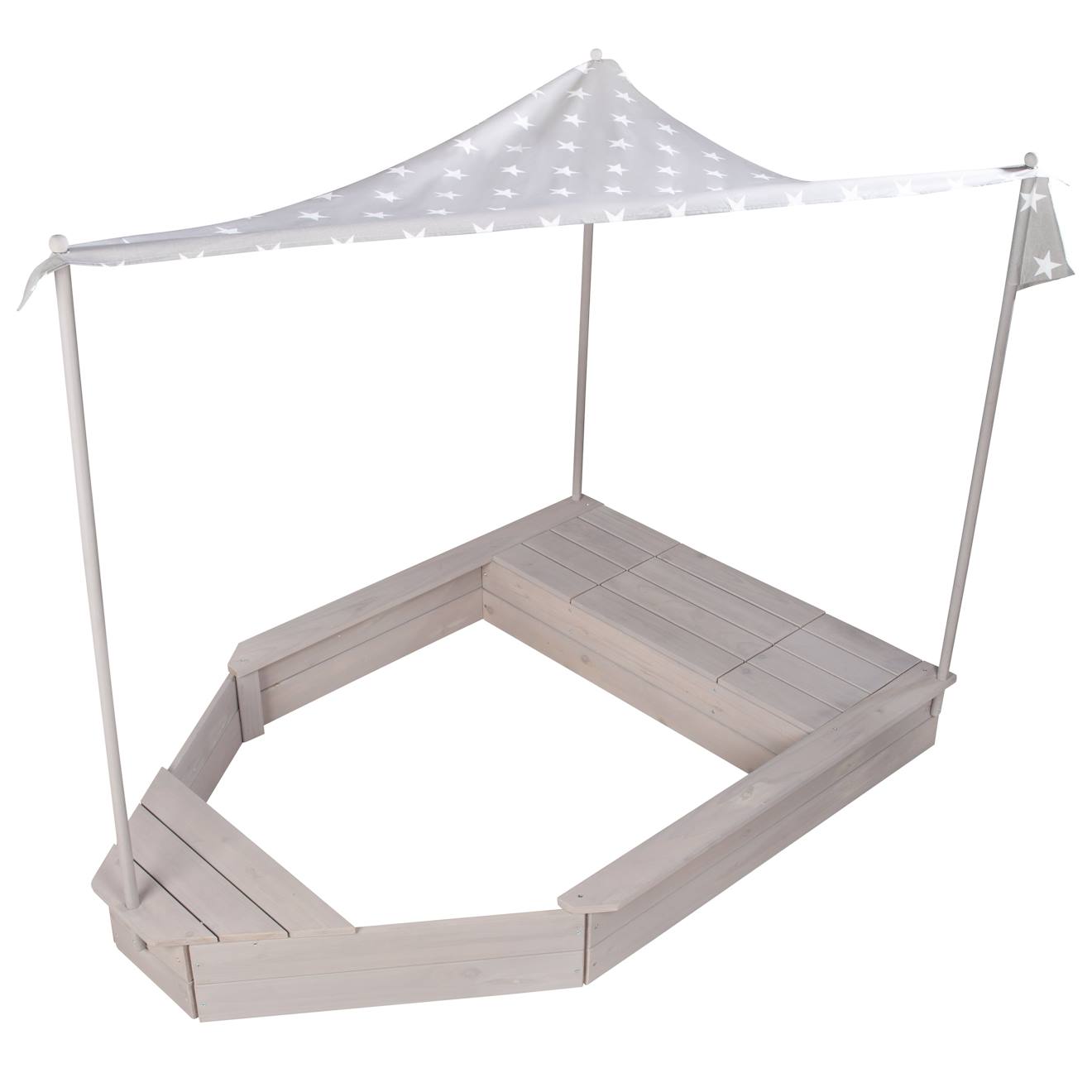 Bac à sable bateau de pirate en bois massif avec auvent et rangement gris / motif étoiles