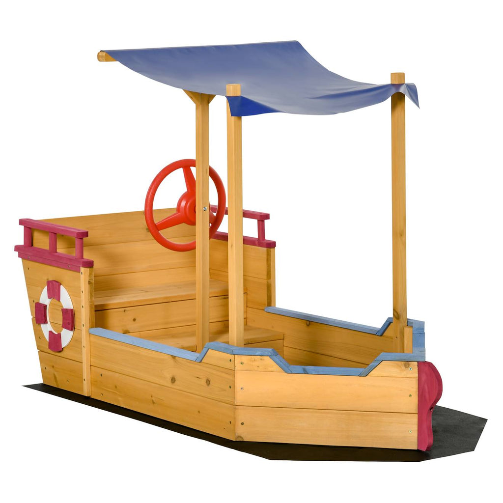 Bac à sable bateau de pirate en bois - voile d'ombrage, coffre rangement, gouvernail - bois sapin pré-huilé orangé
