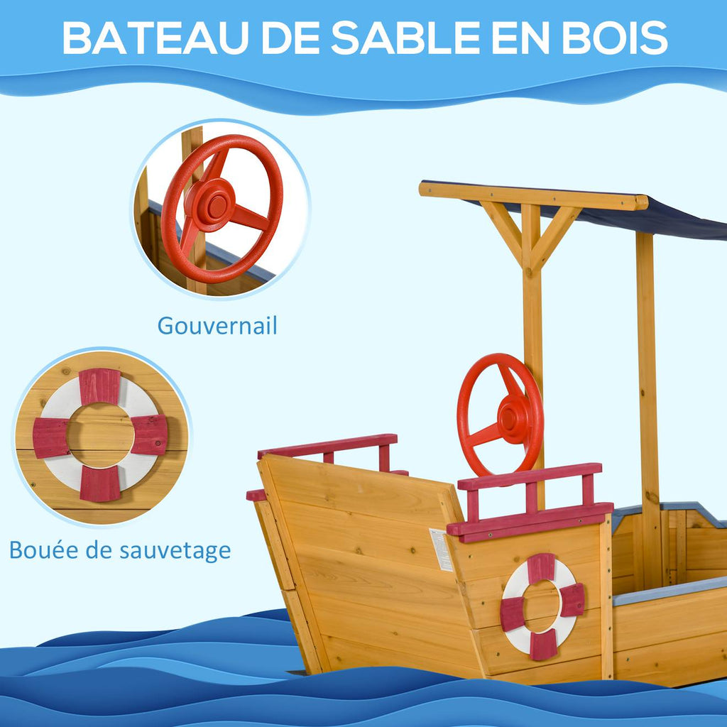 Bac à sable bateau de pirate en bois - voile d'ombrage, coffre rangement, gouvernail - bois sapin pré-huilé orangé