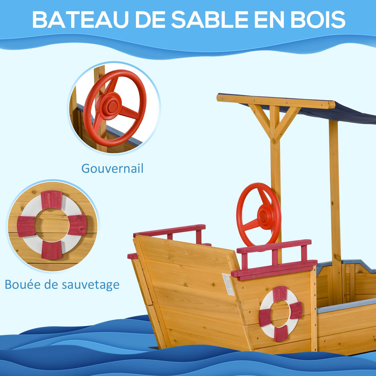Bac à sable bateau de pirate en bois - voile d'ombrage, coffre rangement, gouvernail - bois sapin pré-huilé orangé