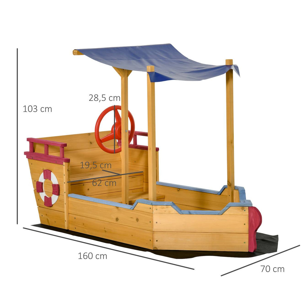 Bac à sable bateau de pirate en bois - voile d'ombrage, coffre rangement, gouvernail - bois sapin pré-huilé orangé