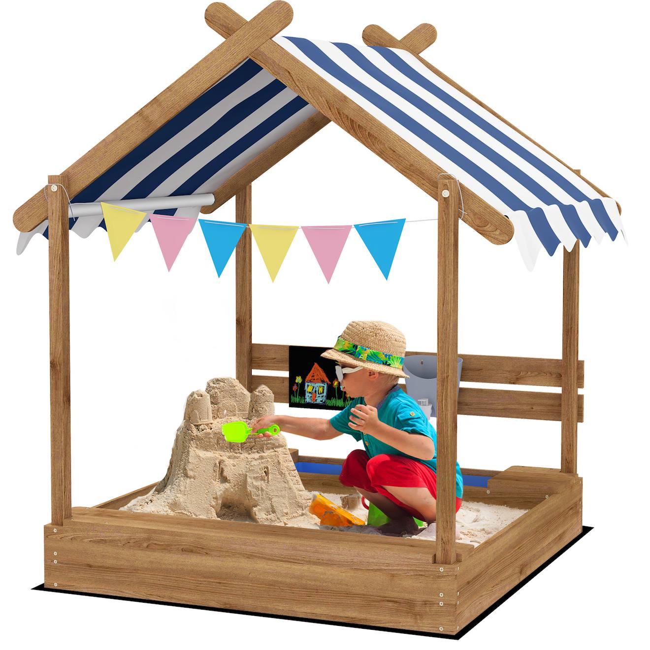 Bac à sable bois forme de maison auvent 2 bacs évier tableau noir fanions marron