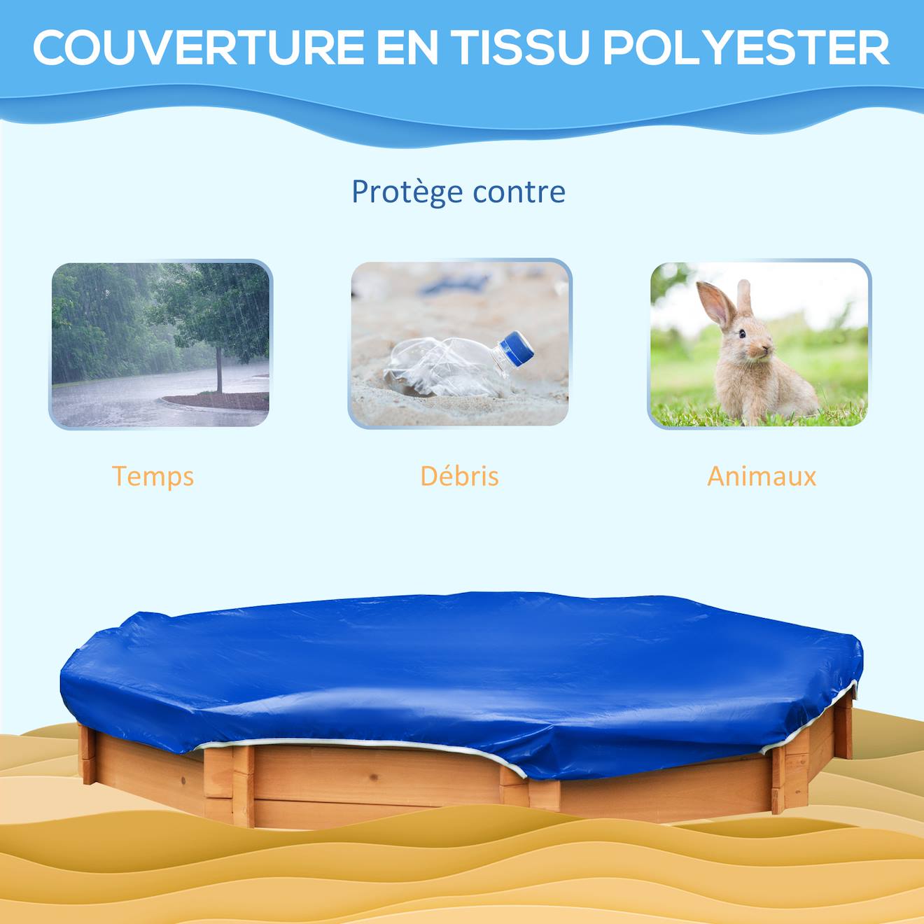Bac à sable bois octogonal - 4 bancs - bâche de couverture, non tissé de sol inclus - bois sapin pré-huilé orangé