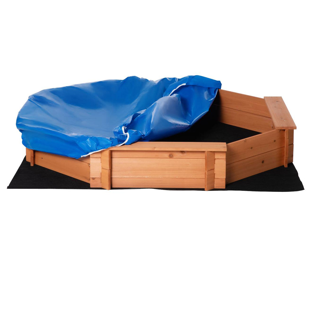 Bac à sable bois octogonal - 4 bancs - bâche de couverture, non tissé de sol inclus - bois sapin pré-huilé orangé