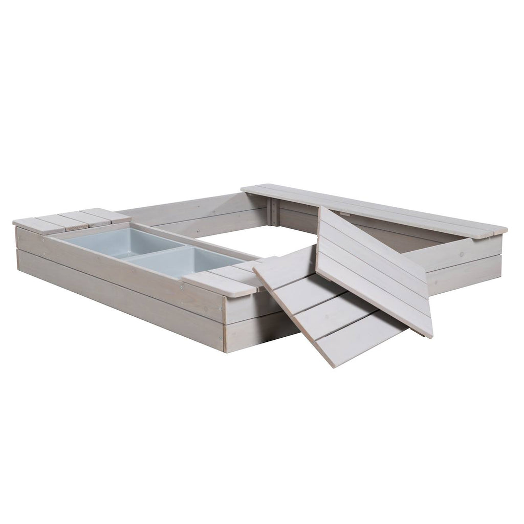 Bac à sable en bois massif avec 2 bancs intégrés et 2 bassins gris