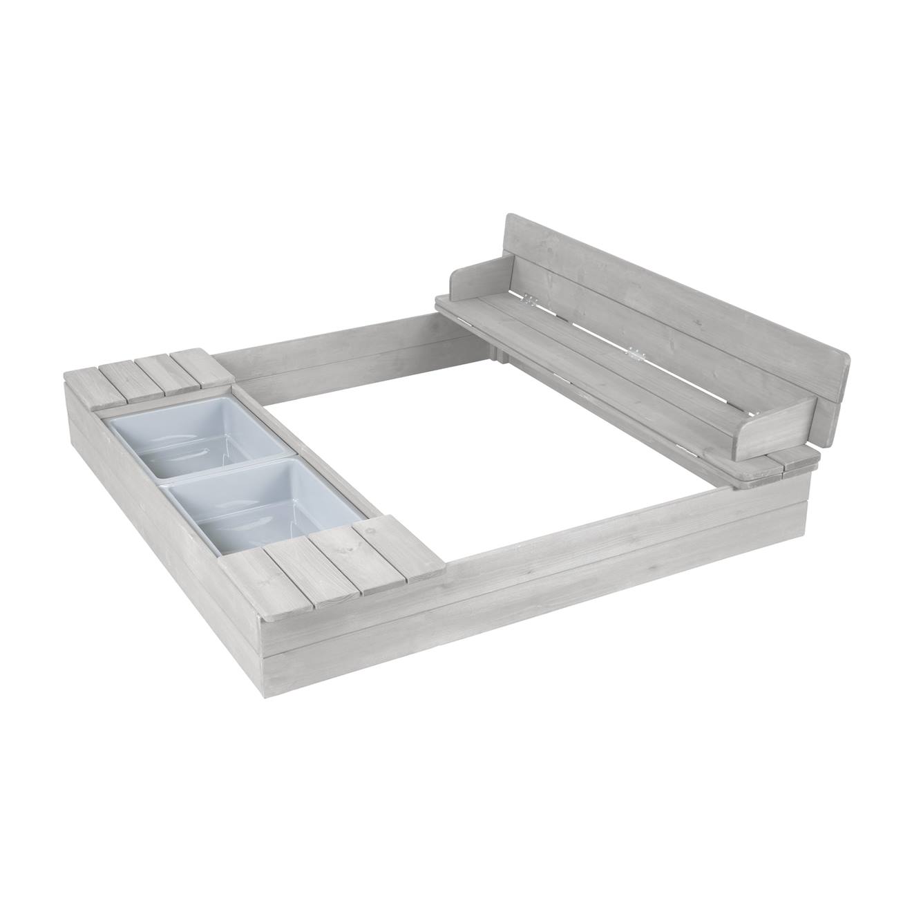 Bac à sable en bois massif avec banc et couvercles + 2 bassins gris