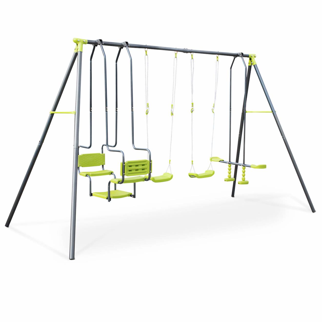 Balançoire 4 agrès meltemi, portique 6 places, station de jeux extérieure, balançoire enfants vert