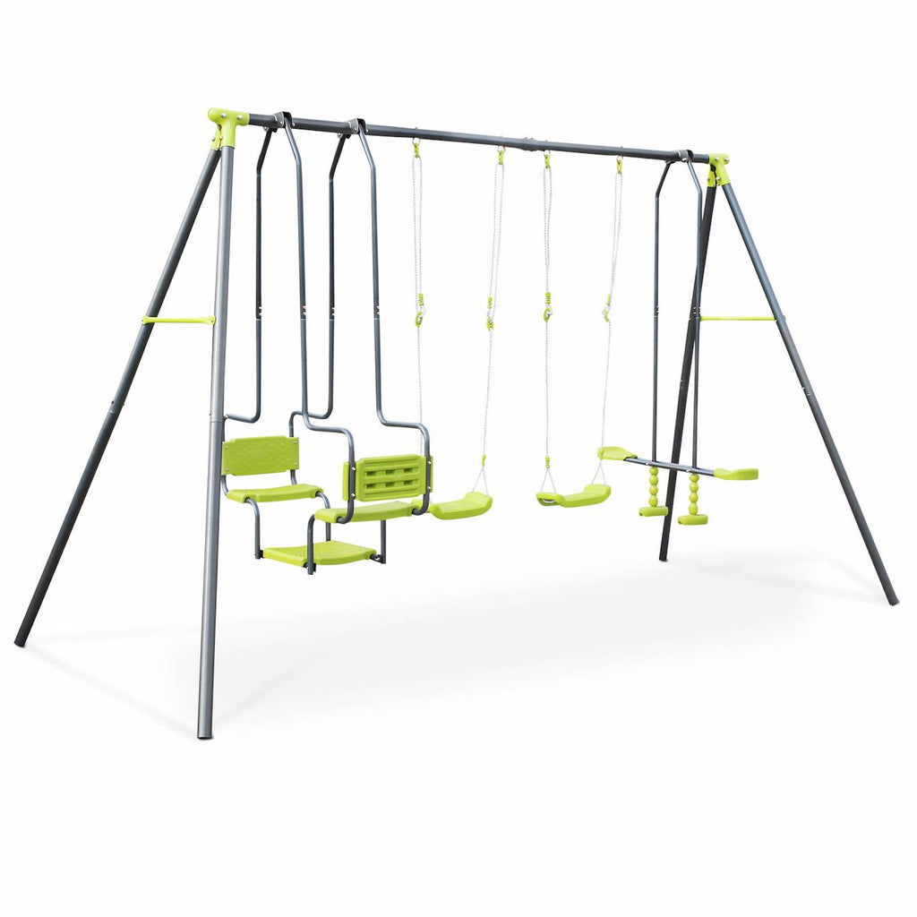 Balançoire 4 agrès meltemi, portique 6 places, station de jeux extérieure, balançoire enfants vert