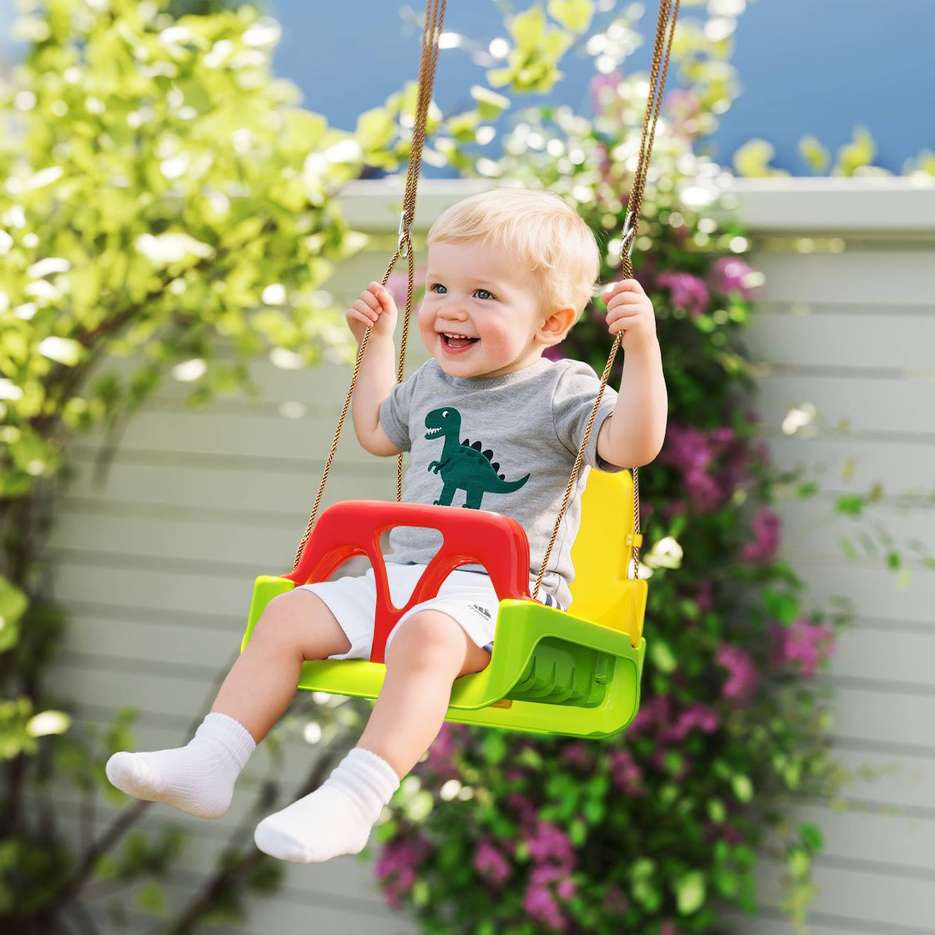 Balançoire siège 3 en 1 évolutif réglable enfant - dossier, barre en t amovibles, ceinture vert