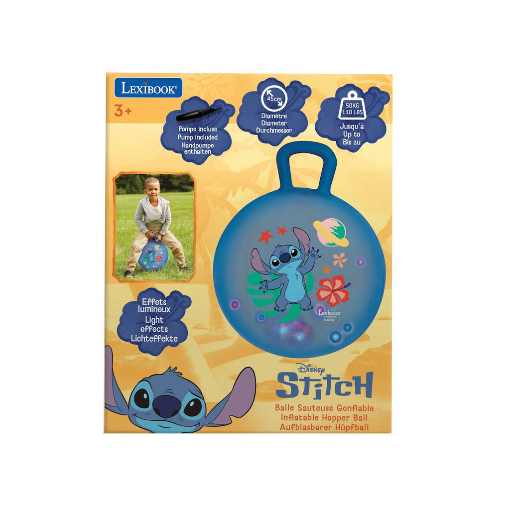 Balle sauteuse gonflable électronique Stitch 45cm, avec billes lumineuses colorées intégrées, pompe manuelle incluse bleu