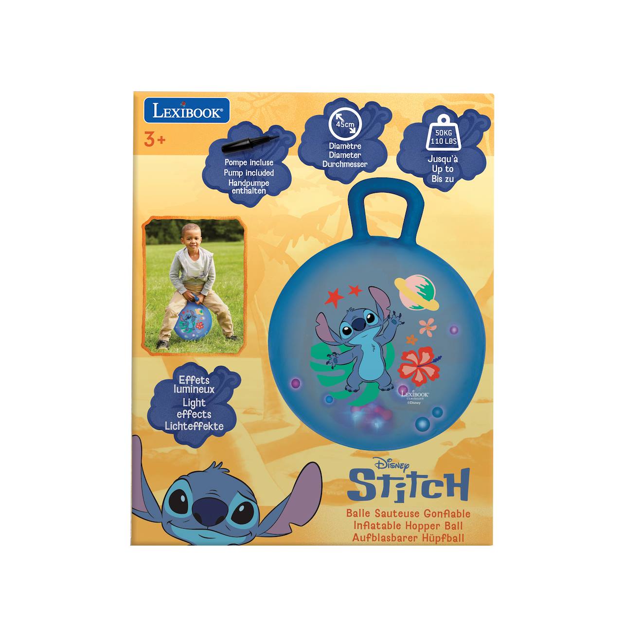 Balle sauteuse gonflable électronique Stitch 45cm, avec billes lumineuses colorées intégrées, pompe manuelle incluse bleu