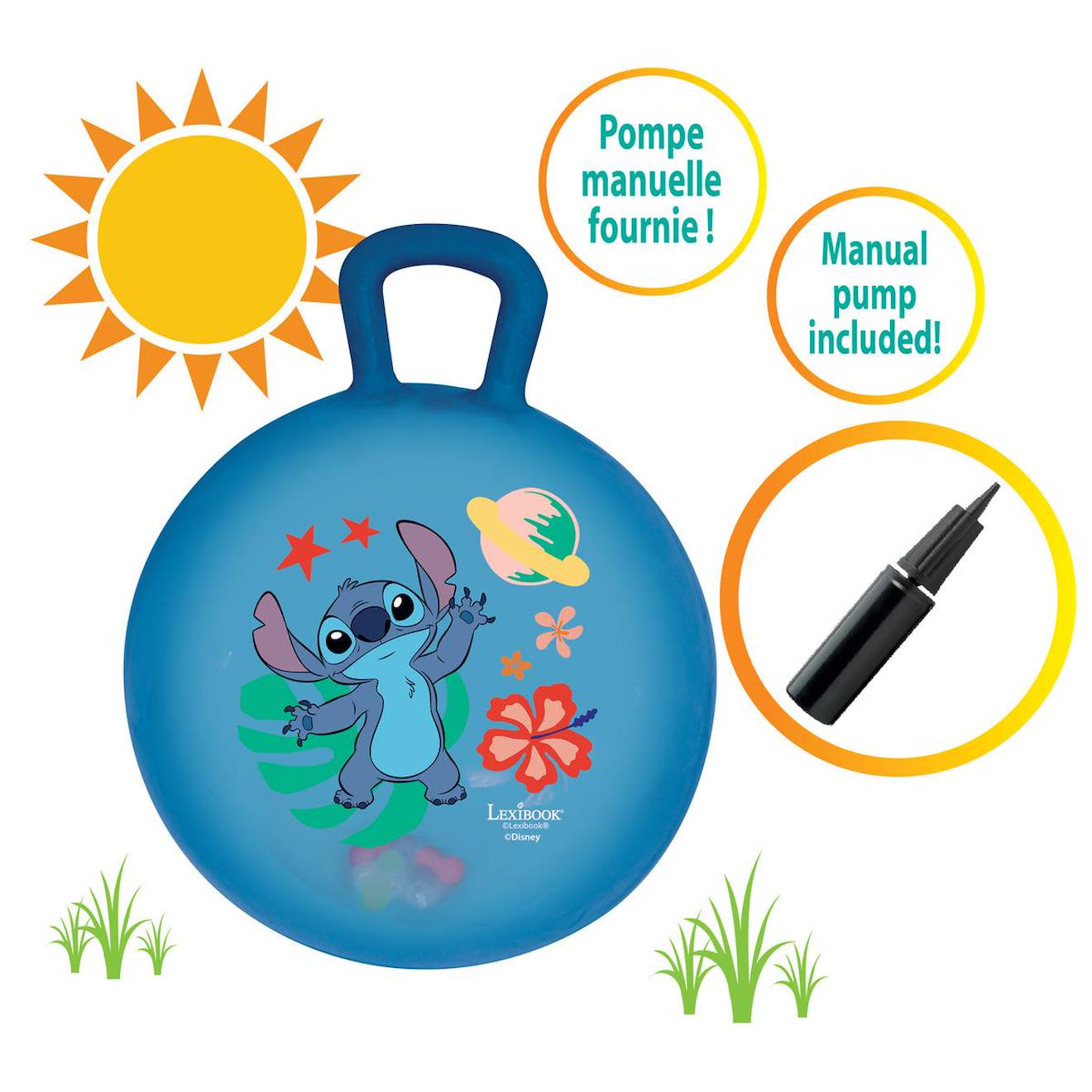 Balle sauteuse gonflable électronique Stitch 45cm, avec billes lumineuses colorées intégrées, pompe manuelle incluse bleu