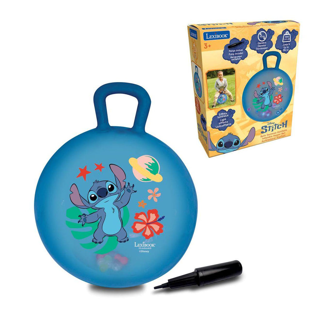 Balle sauteuse gonflable électronique Stitch 45cm, avec billes lumineuses colorées intégrées, pompe manuelle incluse bleu