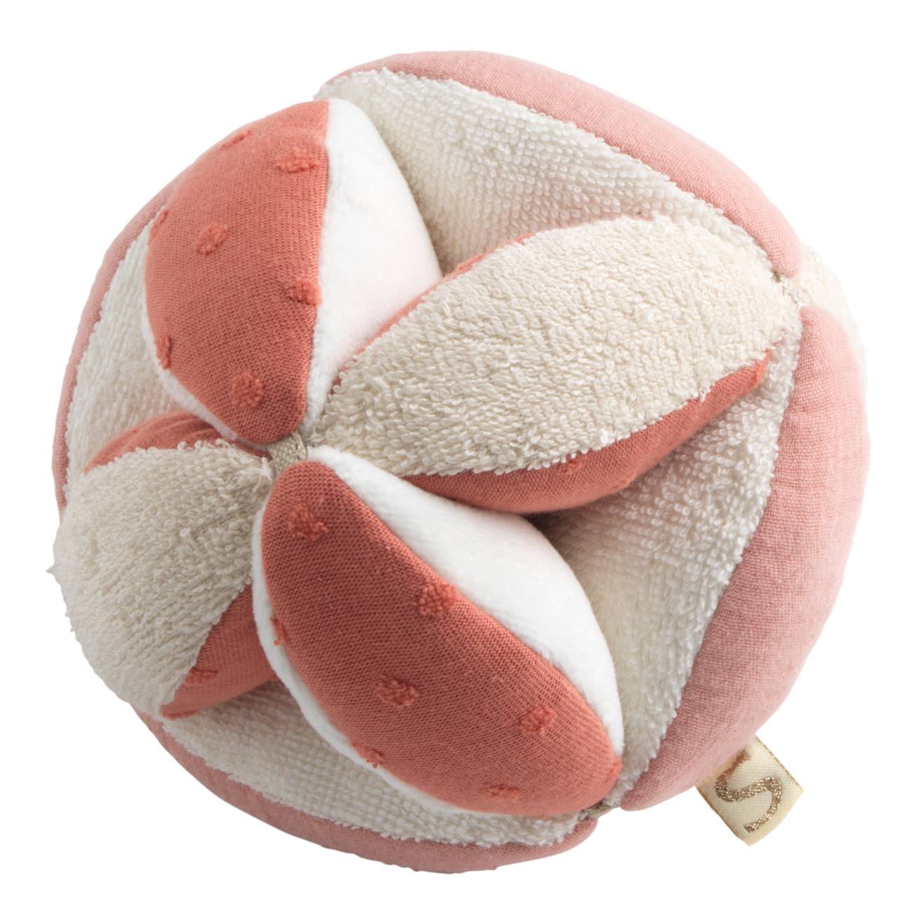 Balle sensorielle en coton bio et bouclette - petit coeur rose
