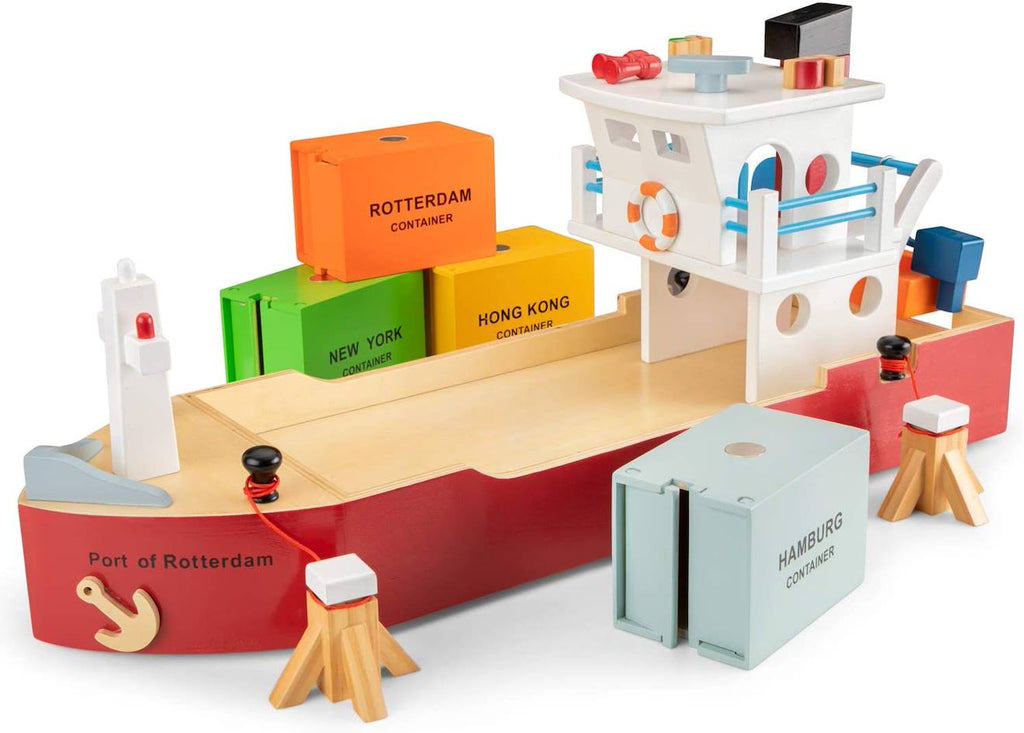 Bateau-container avec 4 containers rouge