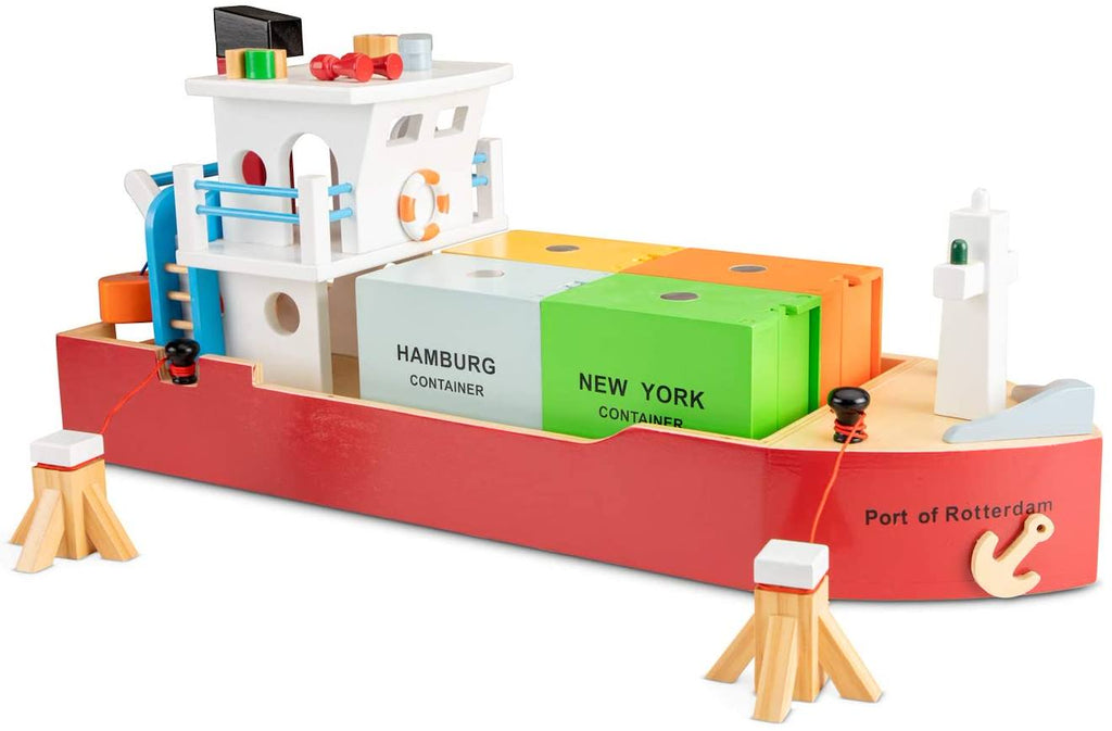 Bateau-container avec 4 containers rouge
