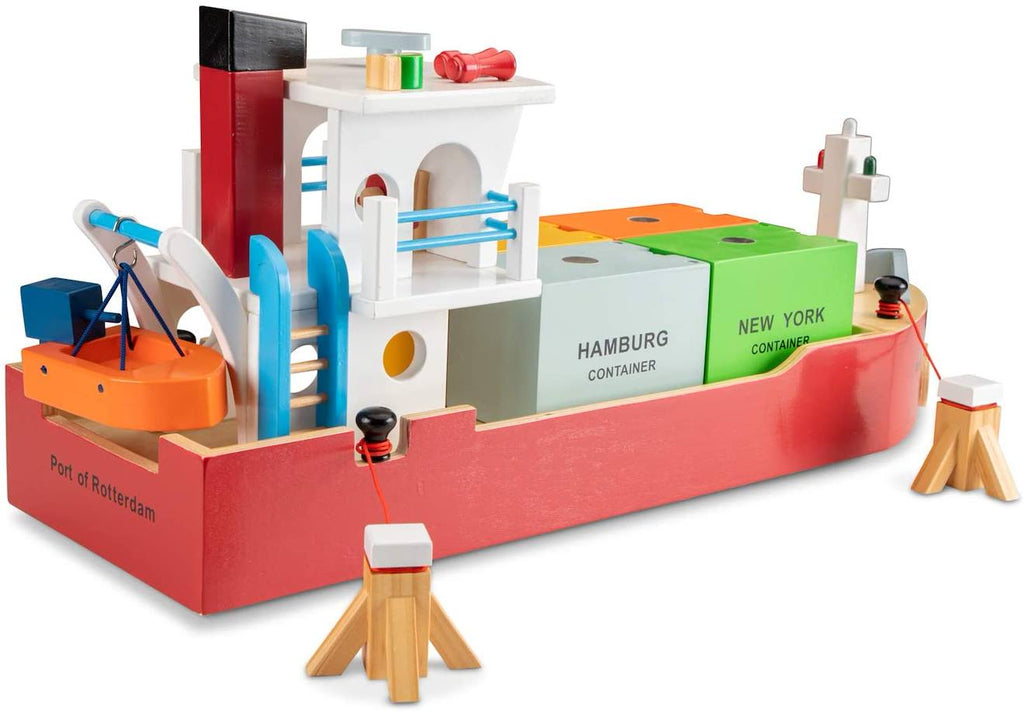 Bateau-container avec 4 containers rouge