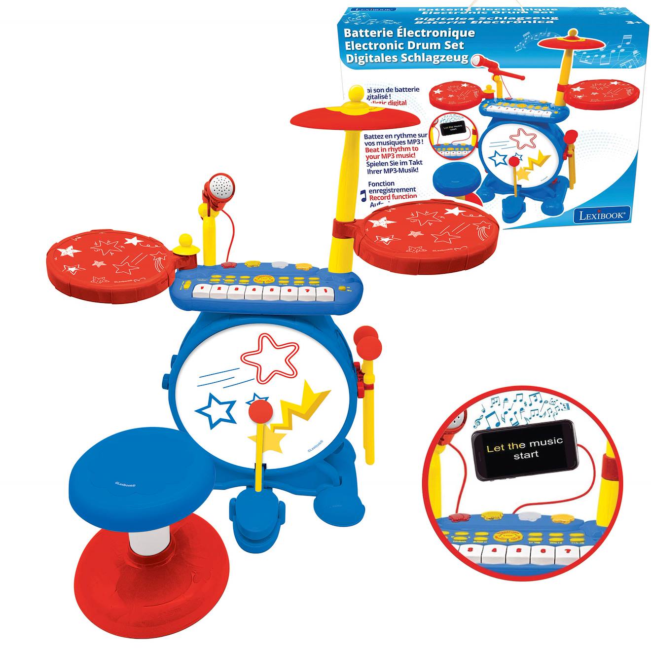 Batterie électronique lumineuse complète pour enfant, clavier 8 notes, prise MP3, siège inclus bleu