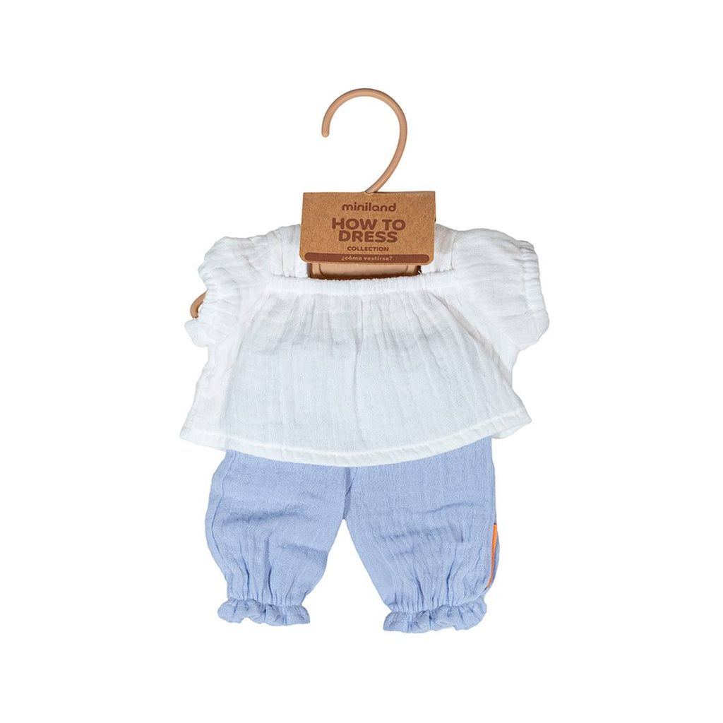 Blouse et pantalon dété pour poupée de 38 cm bleu