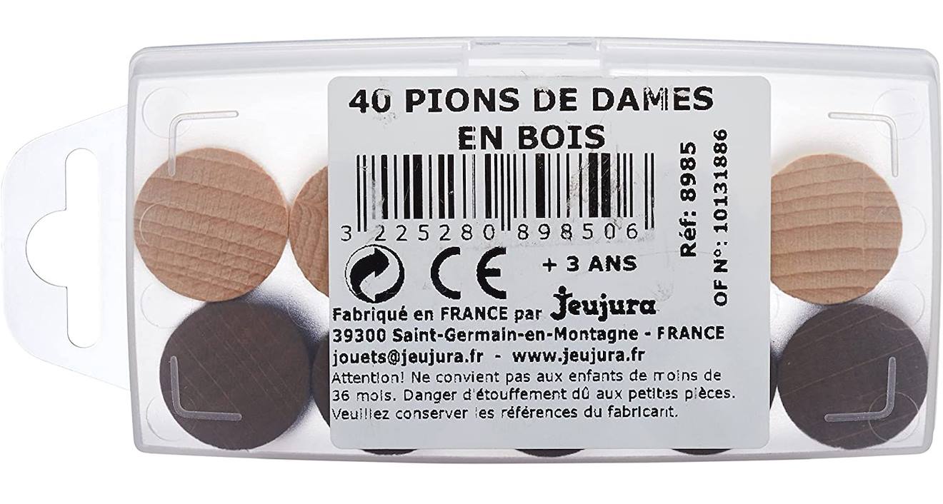 Boîte 40 pions dames en bois marron