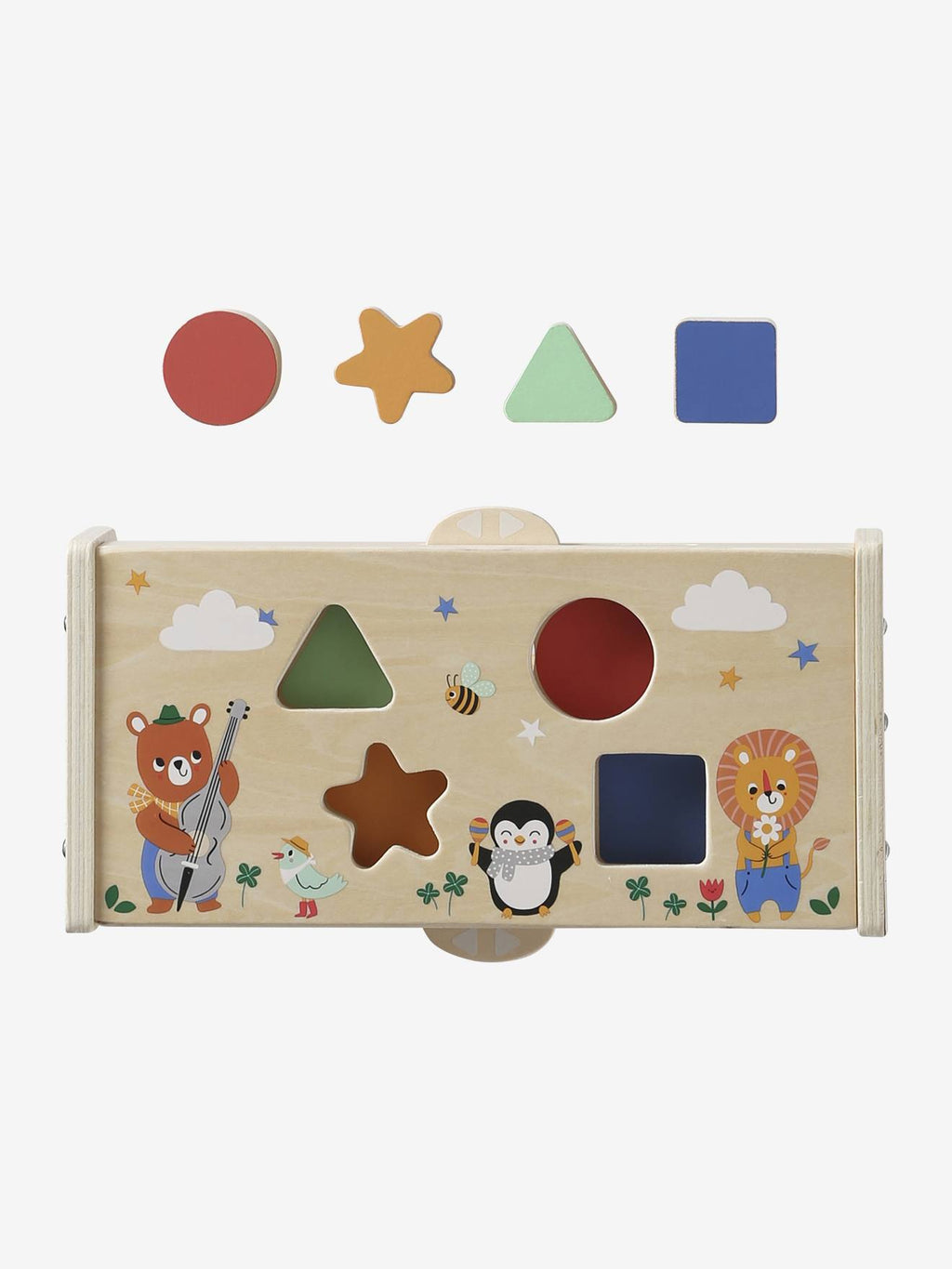 Boîte à formes 2 en 1 les animaux joyeux en bois FSC jaune