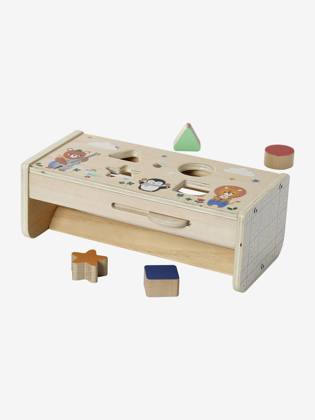 Boîte à formes 2 en 1 les animaux joyeux en bois FSC jaune