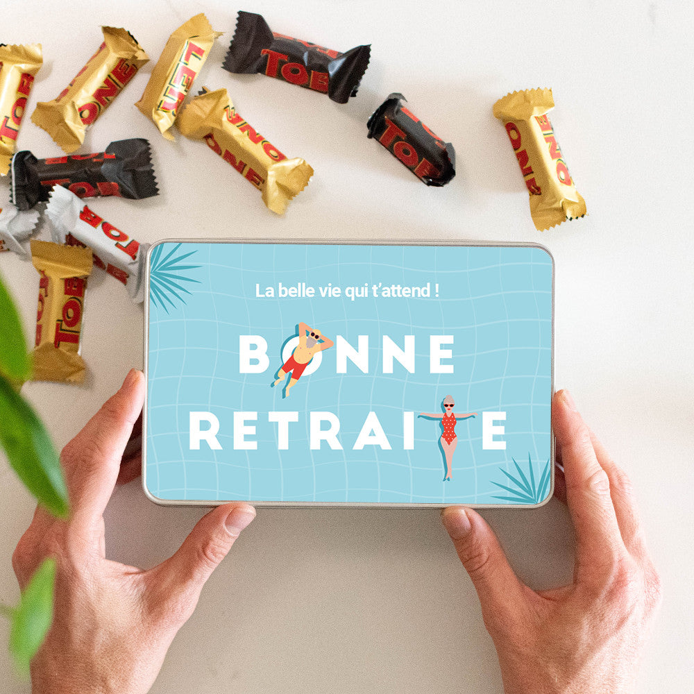 Boîte de Gourmandises Retraite à personnaliser Pierrot Gourmand - Boîte à gâteaux et bonbons personnalisée