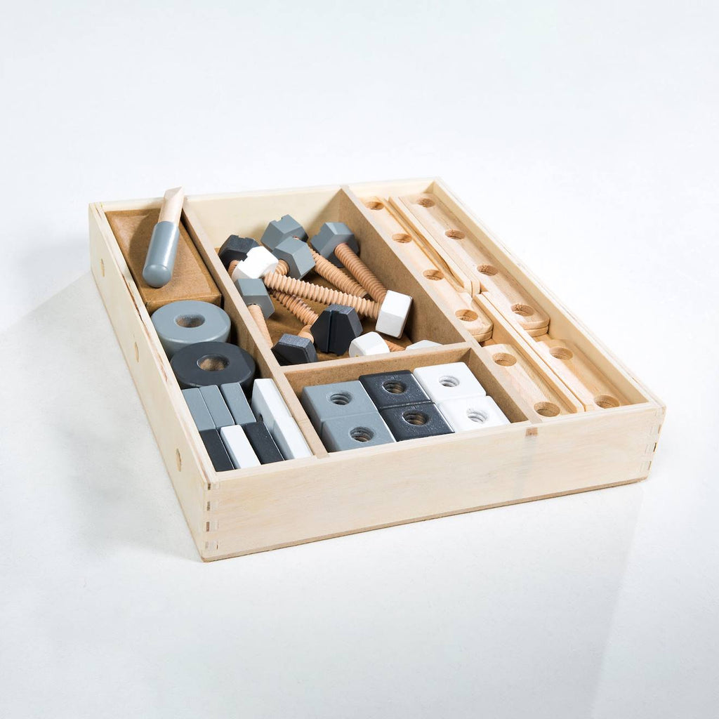 Boîte à outils pour enfant - 46 pièces - caisse de bricolage naturel, gris et blanc
