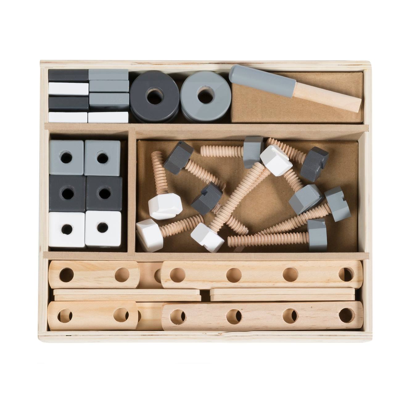 Boîte à outils pour enfant - 46 pièces - caisse de bricolage naturel, gris et blanc