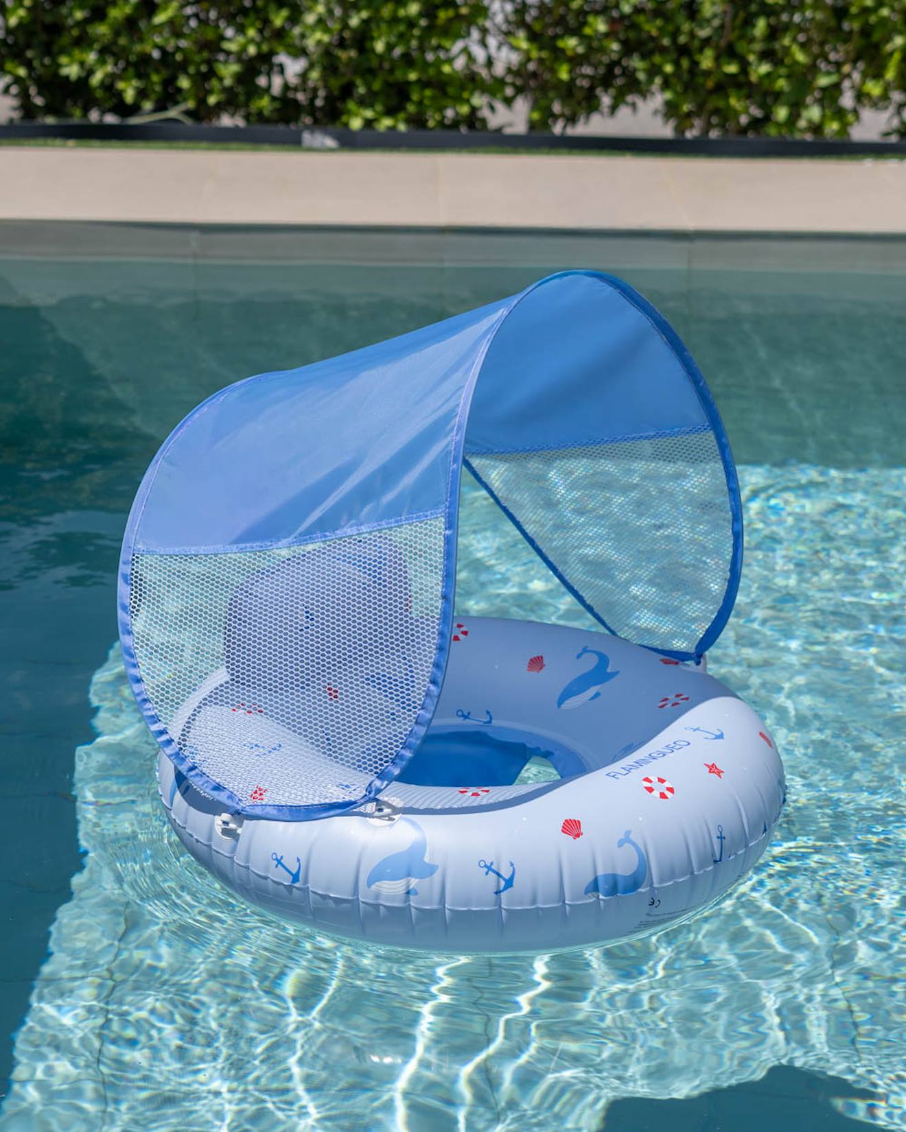 Bouée bebe avec siège et protection contre le soleil - piscine bleu