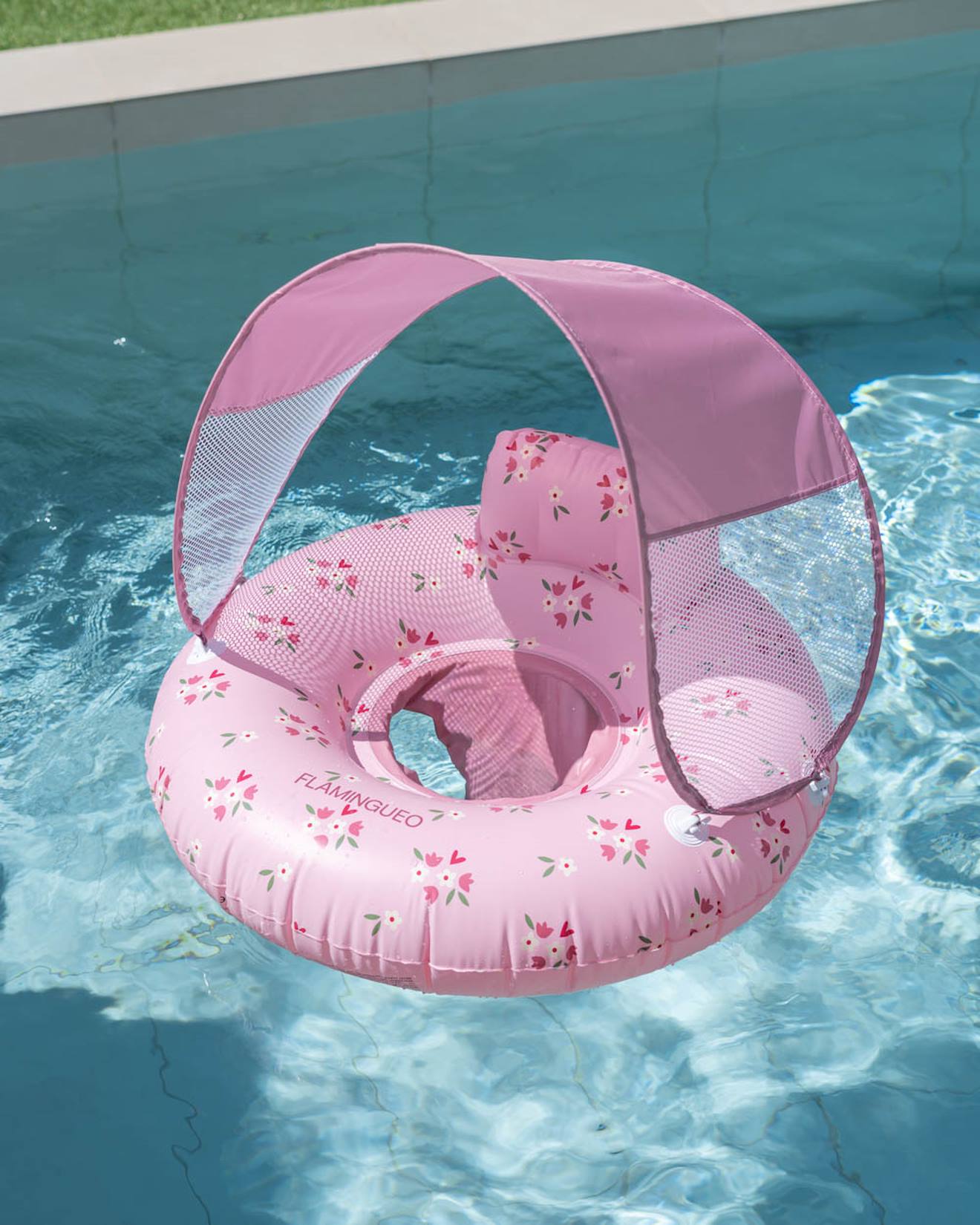Bouée bebe avec siège et protection contre le soleil - piscine rose