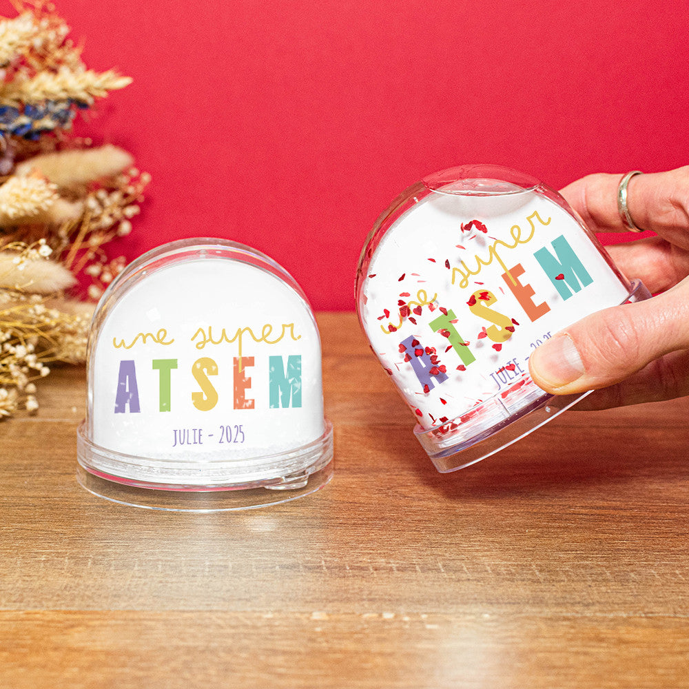 Boule à Neige Atsem à Personnaliser Coeurs - Boule à Neige Personnalisée