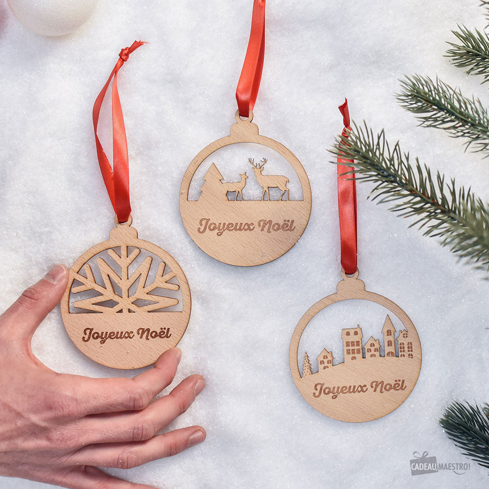Boule de Noël en Bois Joyeux Noël Hêtre Cerf - Boule de Noël Personnalisée