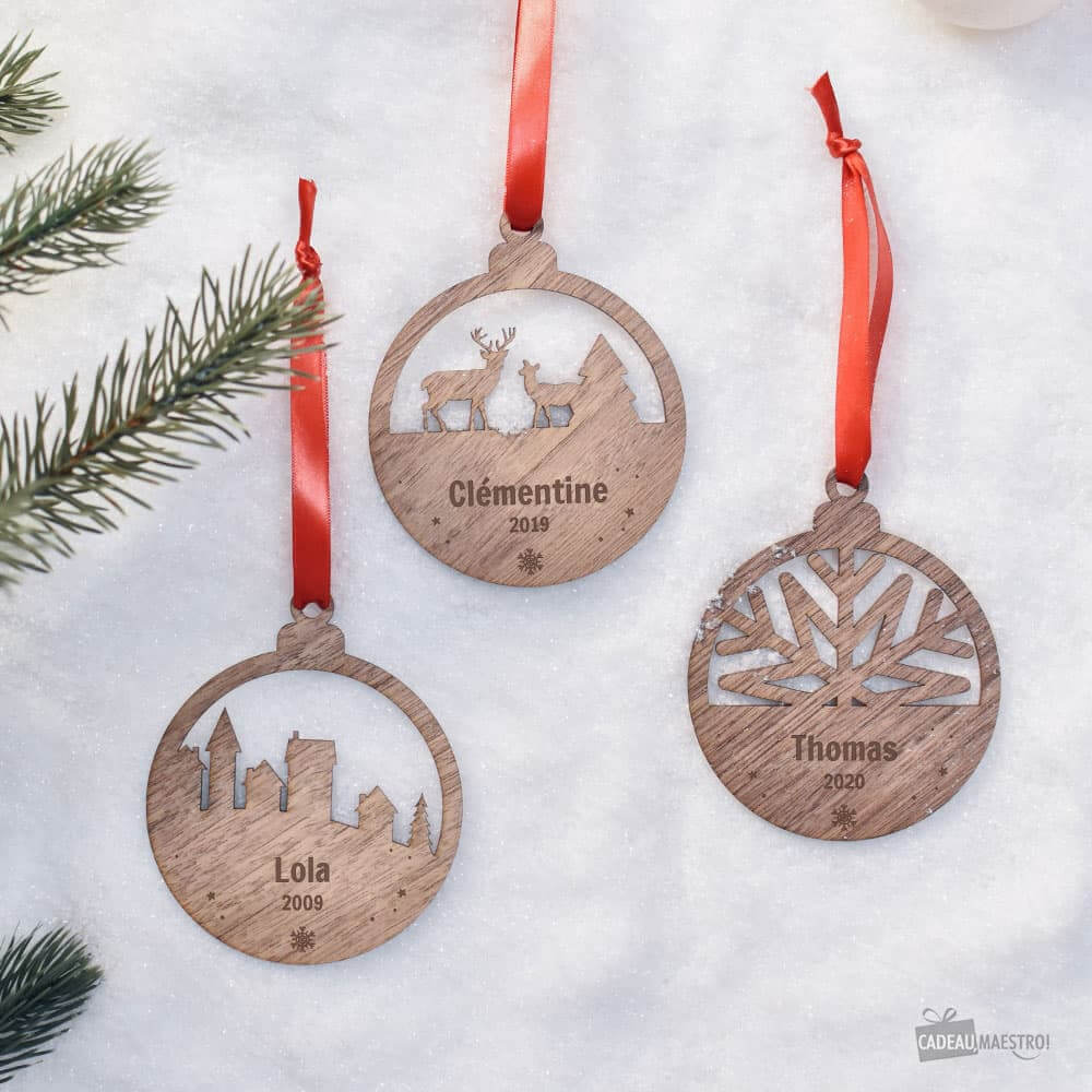 Boule de Noël en Bois à Personnaliser Hêtre Cerf - Boule de Noël Personnalisée