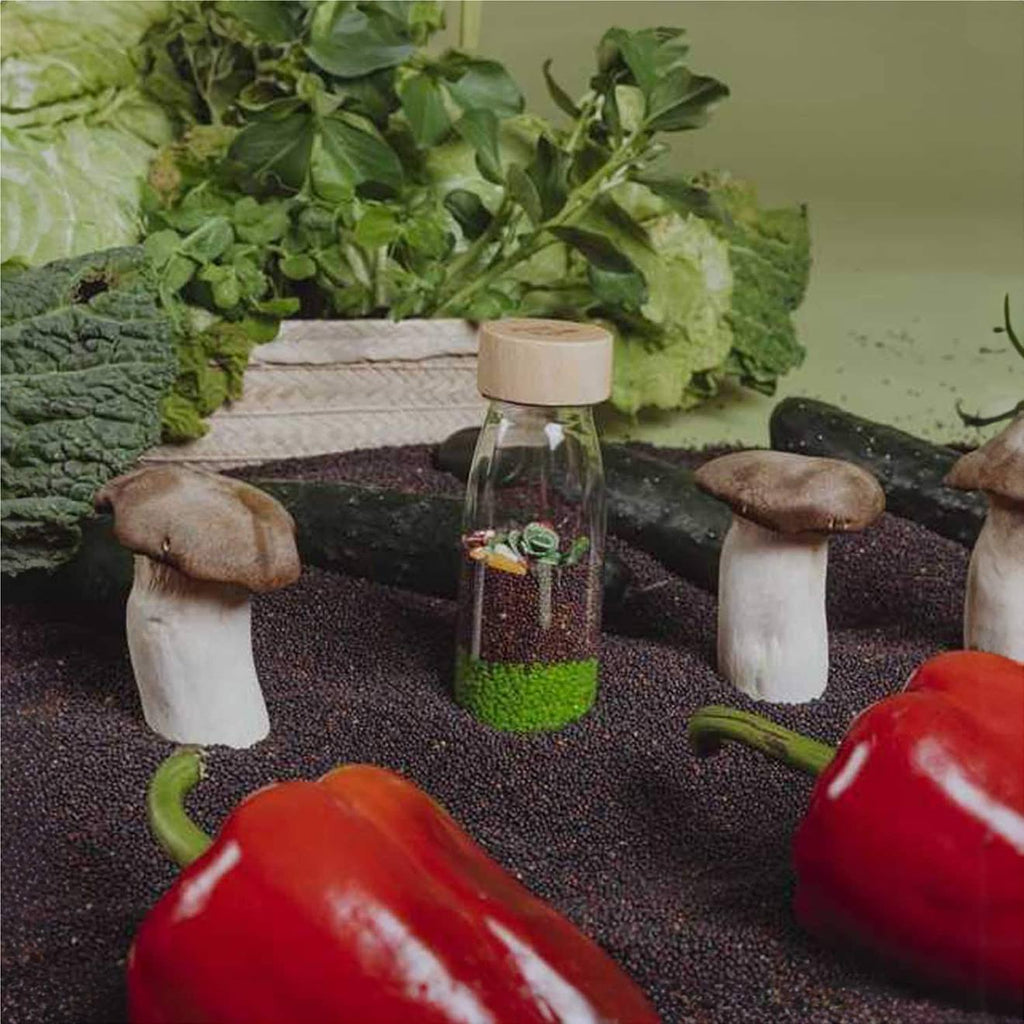 Bouteille sensorielle apprentissage learn vert, légumes