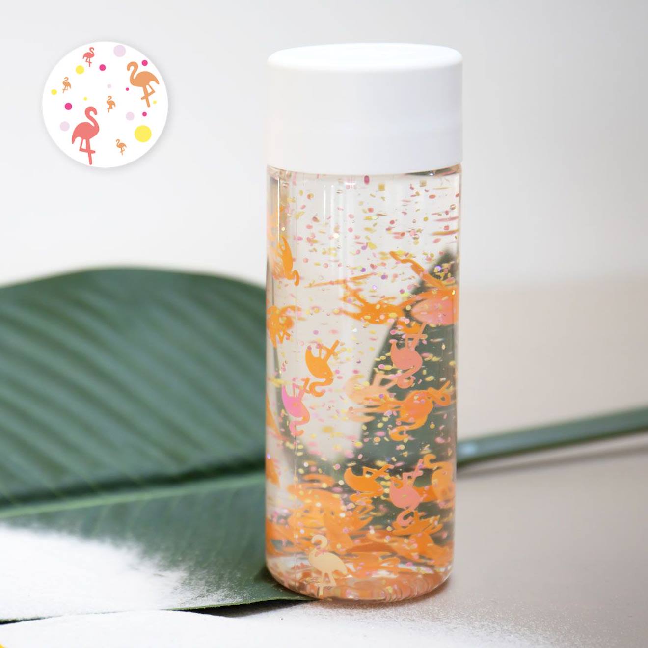 Bouteille sensorielle éveil et apaisement flamants orange