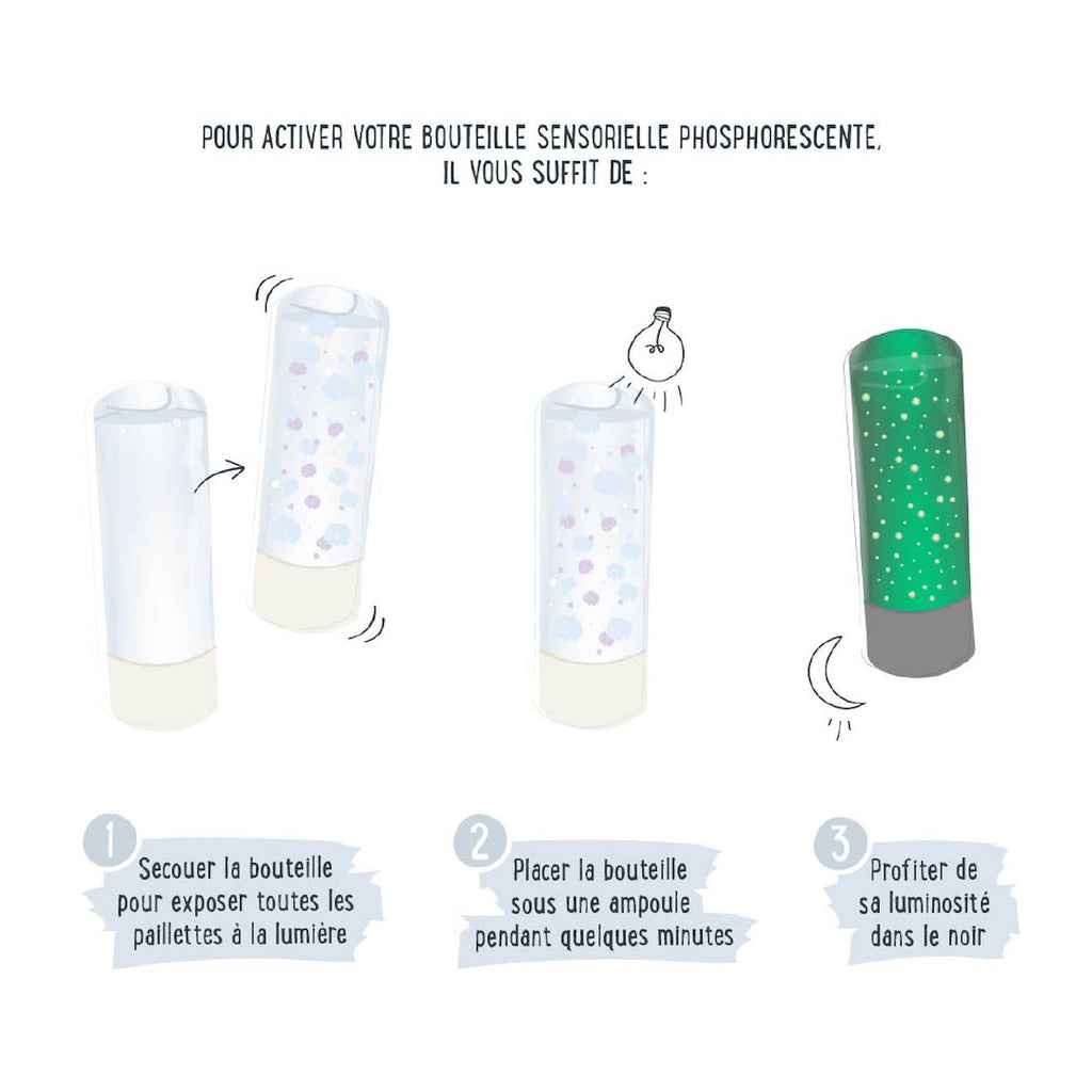 Bouteille sensorielle phosphorescente blanc, moutons