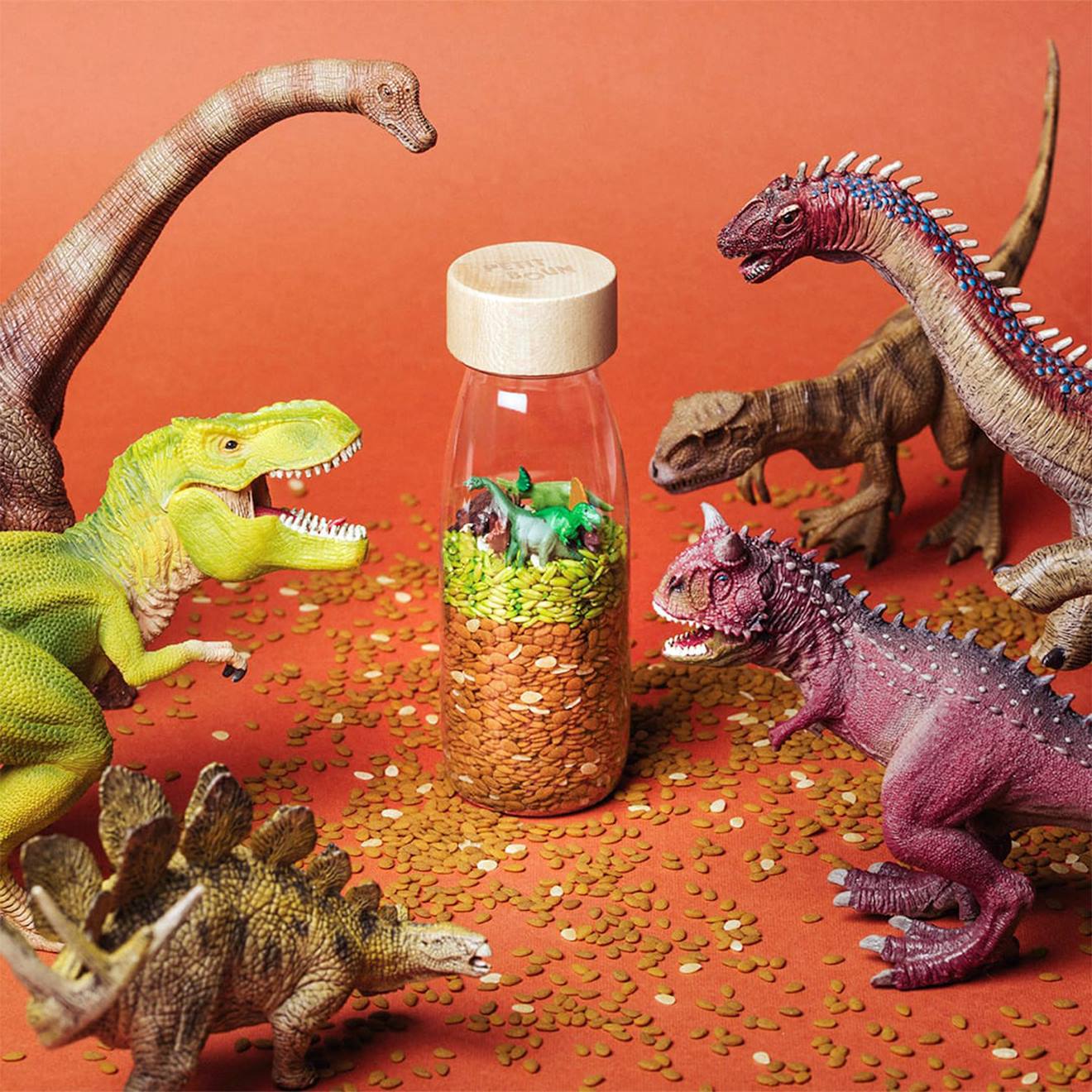 Bouteille sensorielle spy jurassic marron, dinosaures