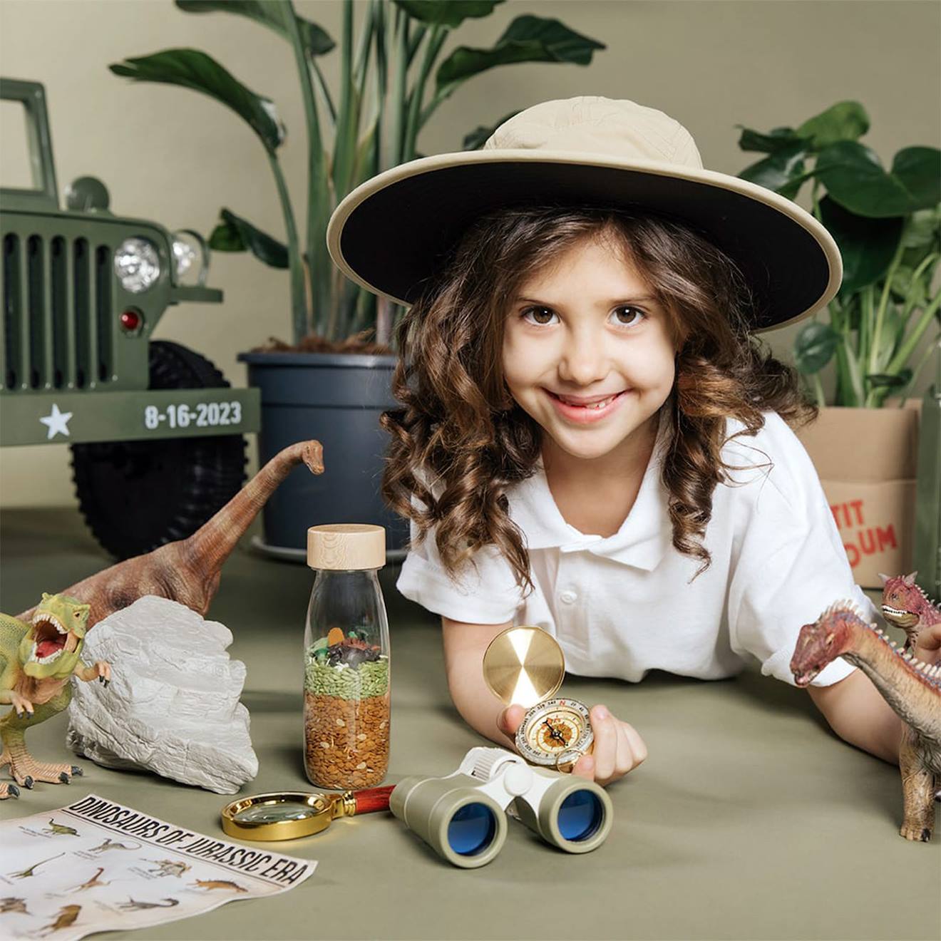 Bouteille sensorielle spy jurassic marron, dinosaures
