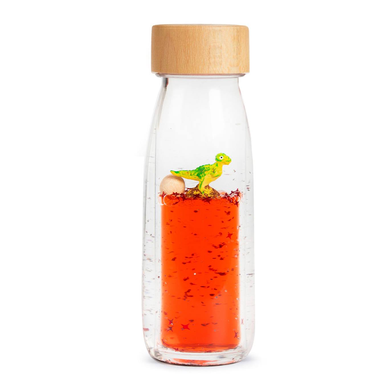 Bouteille sensorielle t-rex magique flottant orange