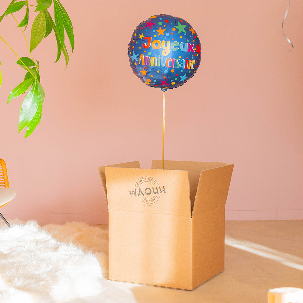 Box Ballon Surprise Joyeux Anniversaire Étoiles et Confettis Joyeux Anniversaire Étoiles et Confettis - Box Cadeau Ballon Hélium