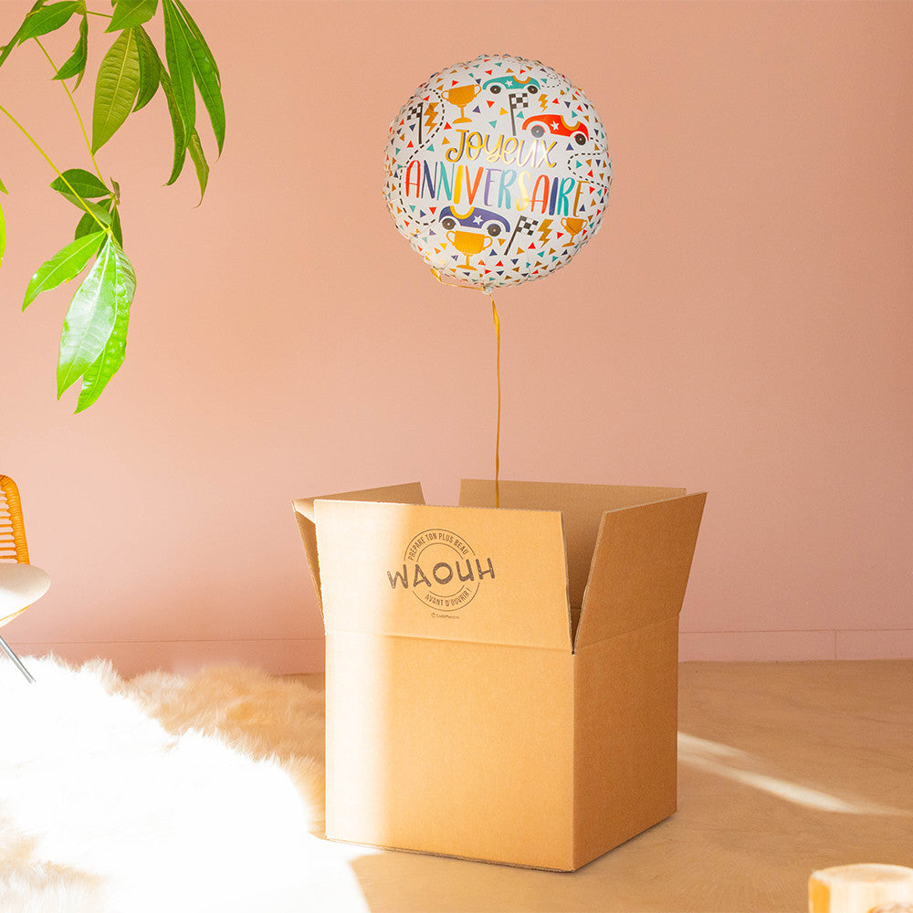 Box Ballon Surprise Joyeux Anniversaire Voitures Joyeux Anniversaire Voitures - Box Cadeau Ballon Hélium