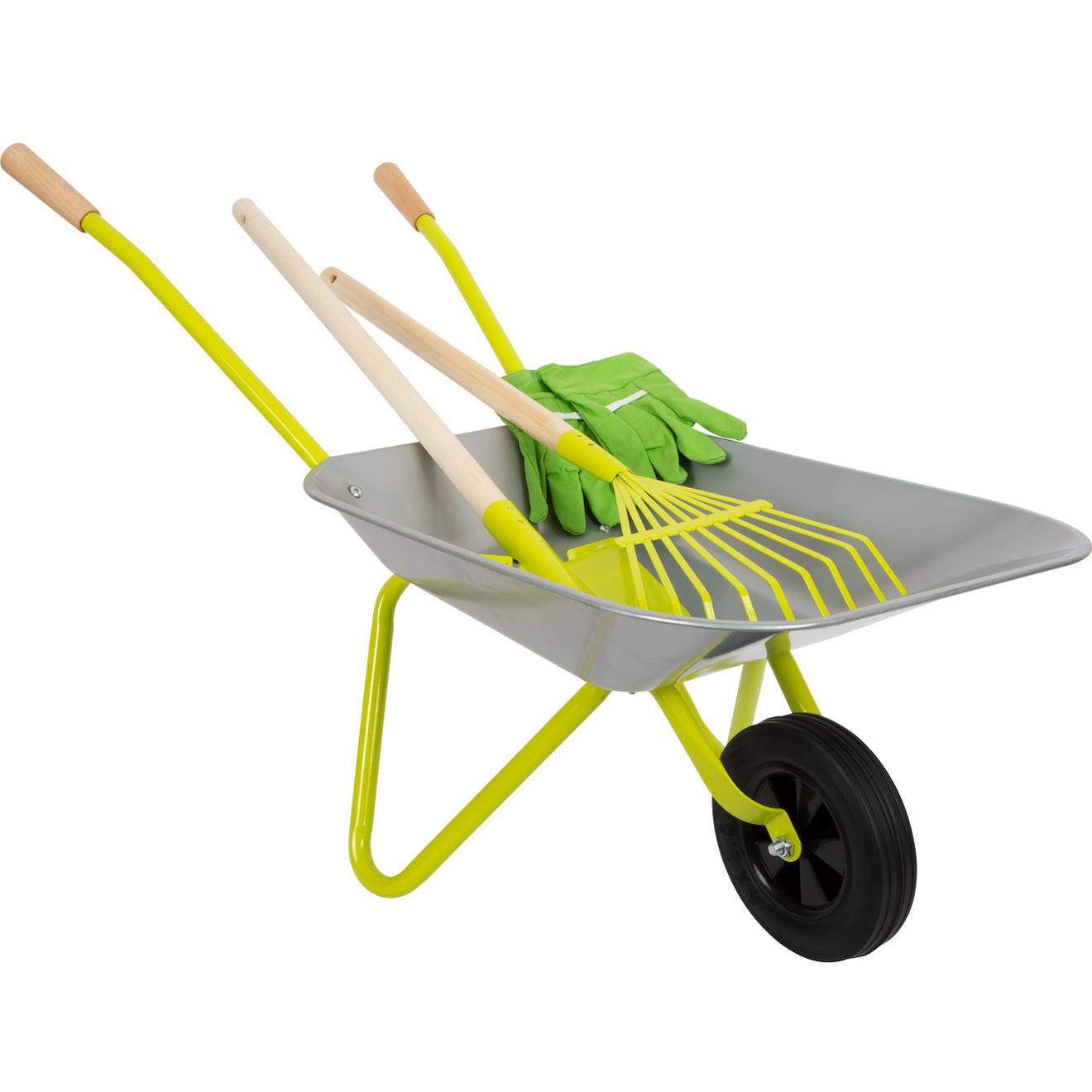 Brouette avec outils de jardin gris