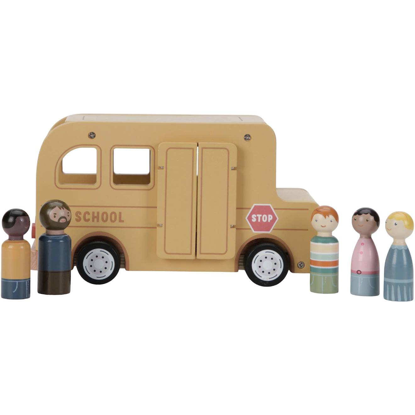 Bus scolaire avec figurines jaune, bleu, rose