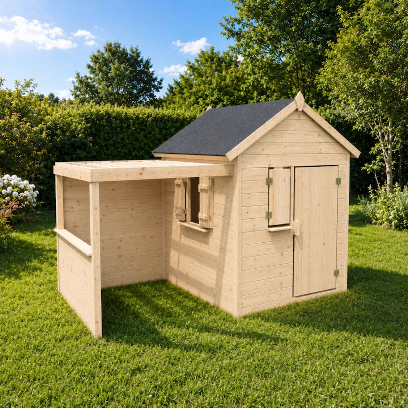 Cabane en bois enfant avec pergola alpaga beige