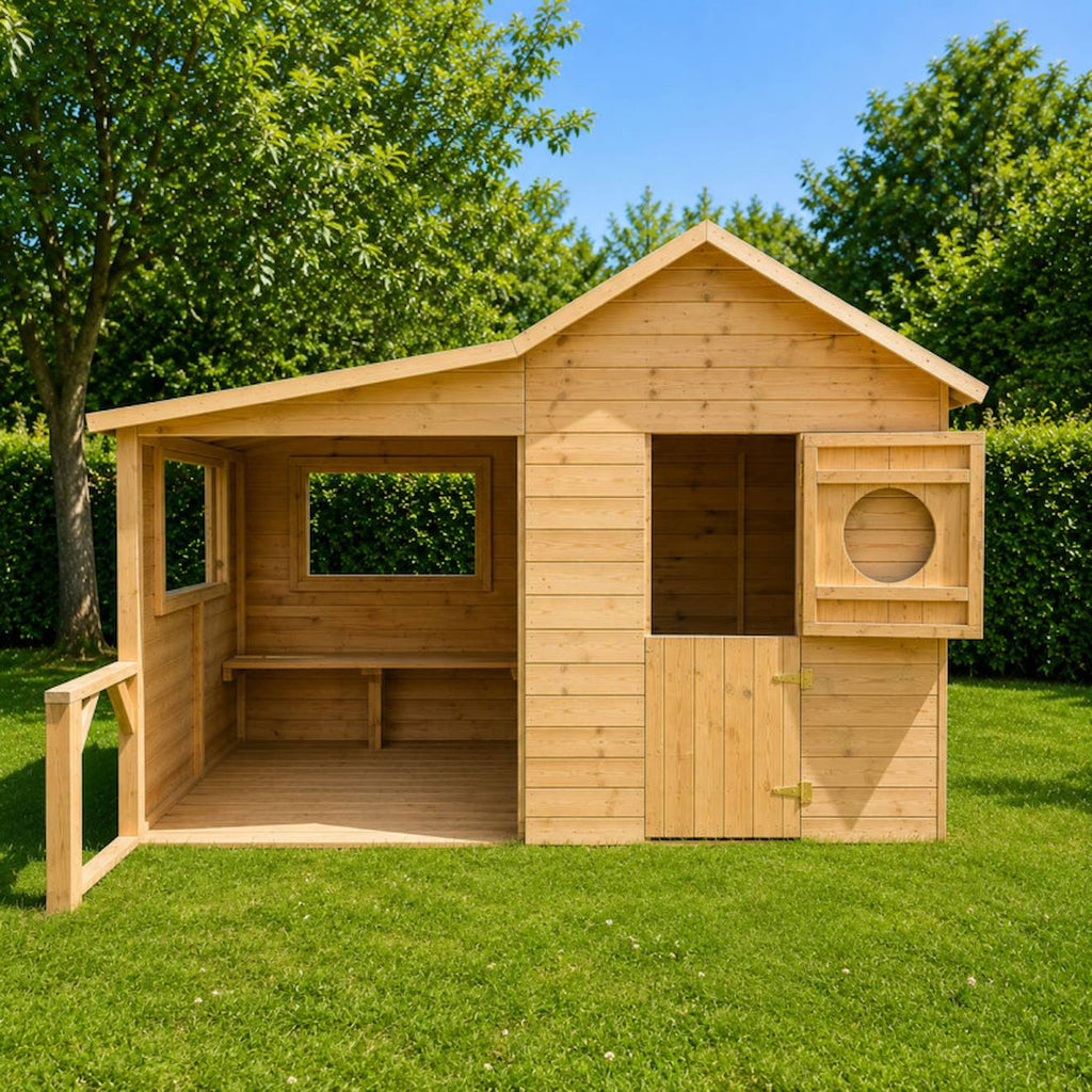 Cabane en bois traité avec préau et banc hacienda marron