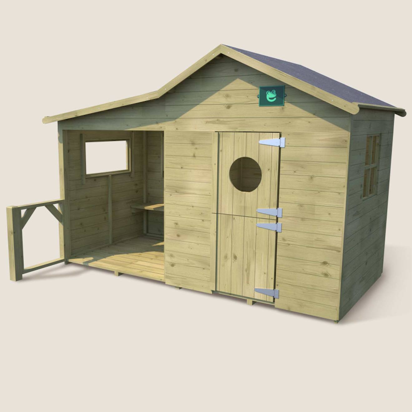 Cabane en bois traité avec préau et banc hacienda marron