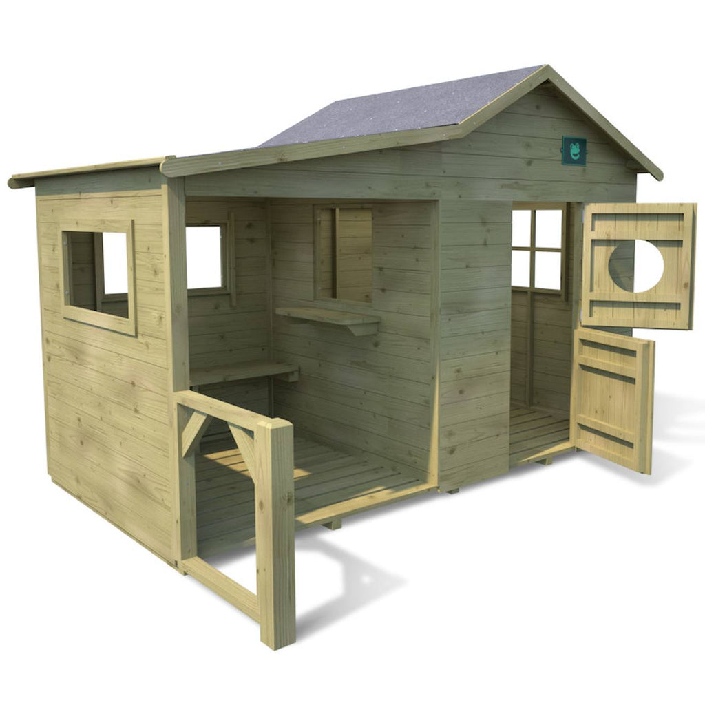 Cabane en bois traité avec préau et banc hacienda marron