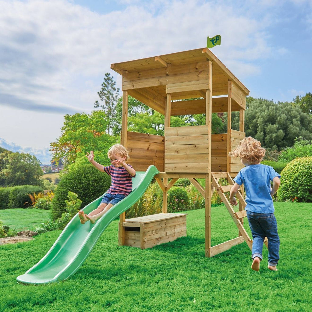 Cabane sur pilotis avec toboggan cimes bois FSC marron - vert