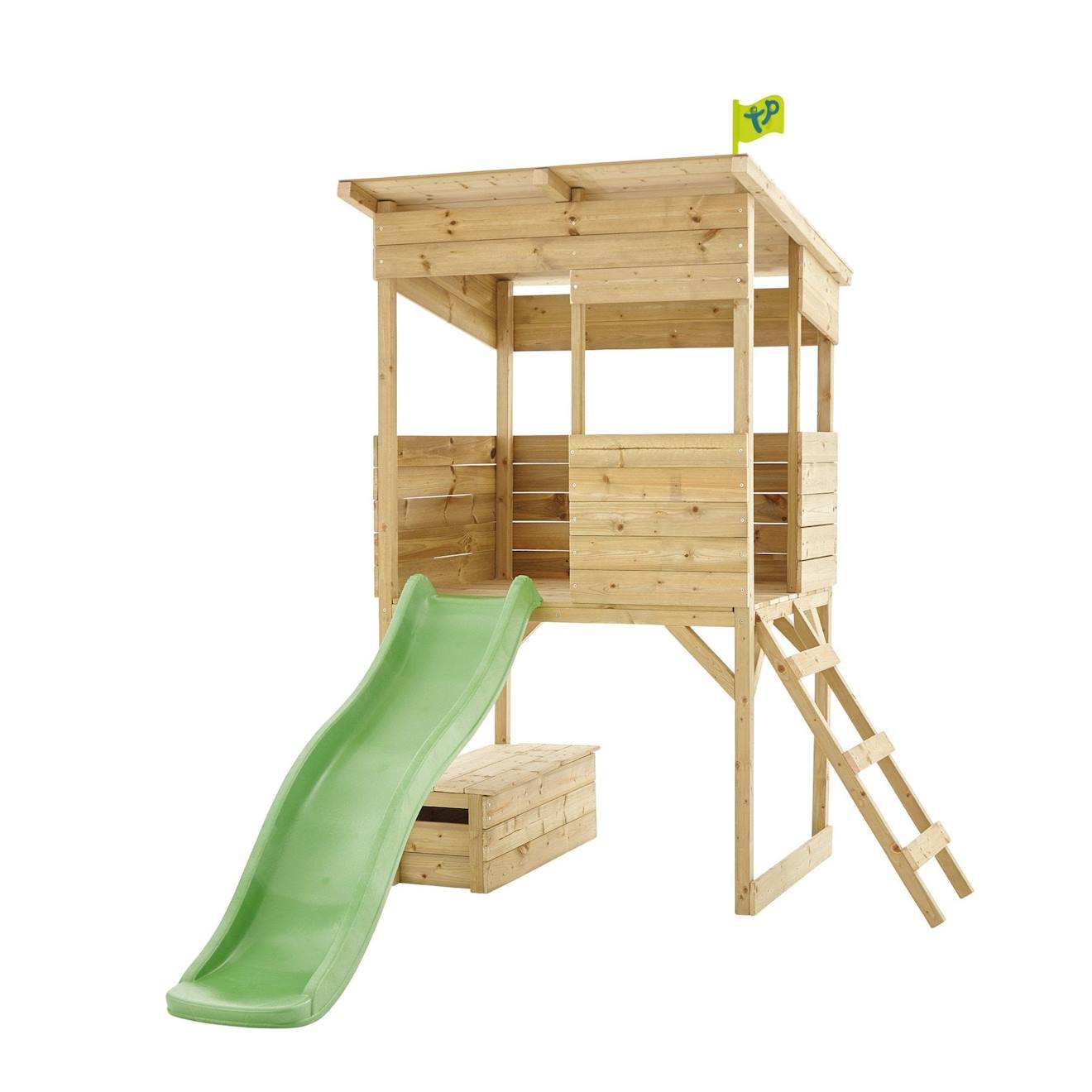 Cabane sur pilotis avec toboggan cimes bois FSC marron - vert